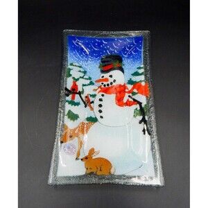 Peggy Karr Fused Glass 10x6 Inch Snowman Deer Bunny Birds Rectangle Tray Signed